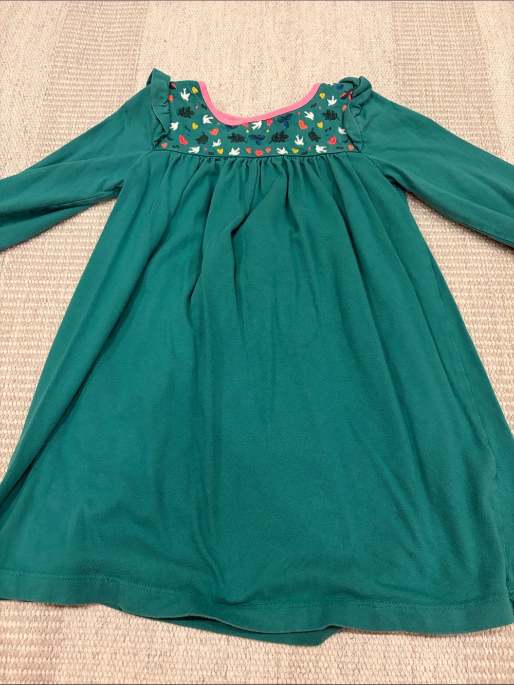 Mini Boden Teal Long-Sleeve Dress with Embroidered Bird Yoke and Pink Trim